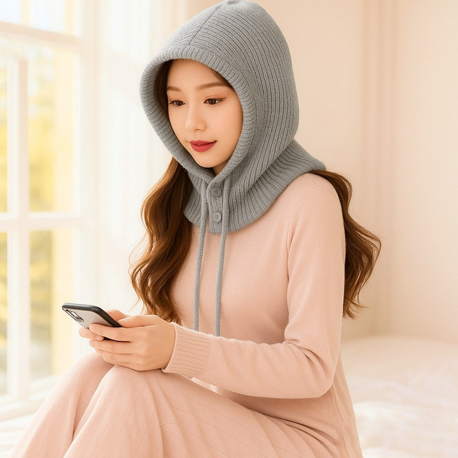 벨로카 겨울 감성 충전템 프리미엄 니트 바라클라바 후드 넥워머, 그레이, 1개