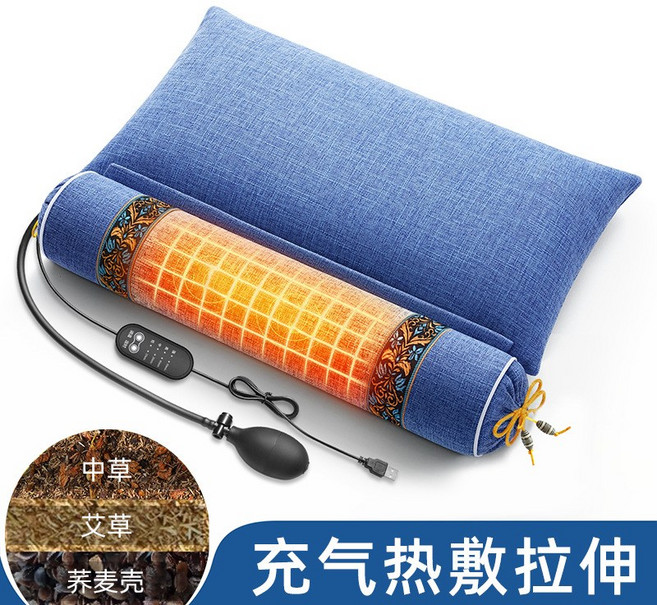 頸椎專用枕頭睡覺護頸椎充氣加熱震動按摩12味艾草蕎麥成人護頸枕, 【熱敷充氣款】艾草蕎麥+中草組合枕-天空藍