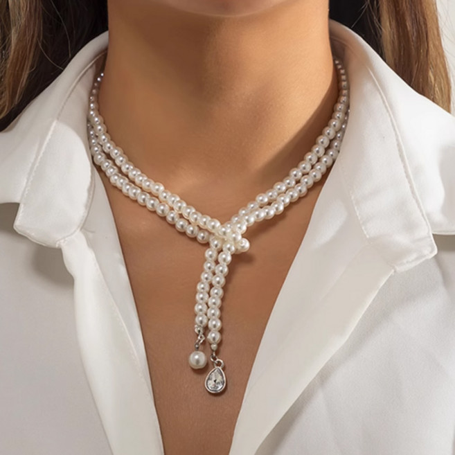 티큐 공연 행사 파티 볼드 큐빅 물방울 펜던트 롱 진주 목걸이 A1892