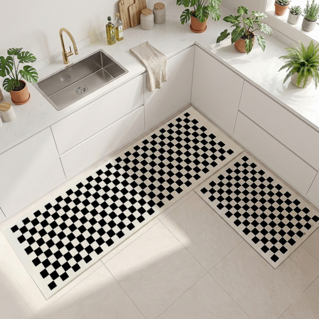키리홈 주방 욕실 빨아쓰는 규조토 발매트 대형 2종세트, 블랙체크