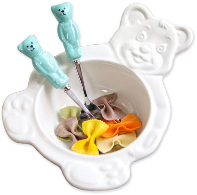 귀여운 빈티지 베어 시리얼 볼+커트러리 세트, 베어 볼 - 화이트, 베어 커트러리 - 블루, 1개