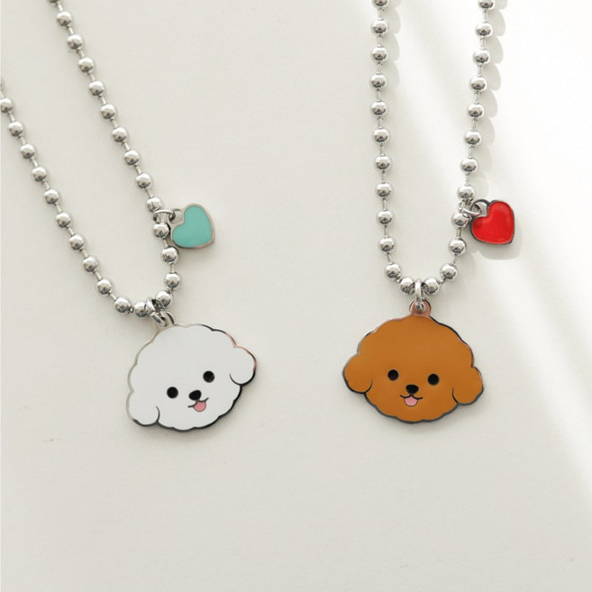 1013프렌즈 강아지 인식표 목걸이 써지컬스틸 이름표, 1개, 비숑&푸들 귀툭튀 (화이트)+미니팬던트 하트(민트)