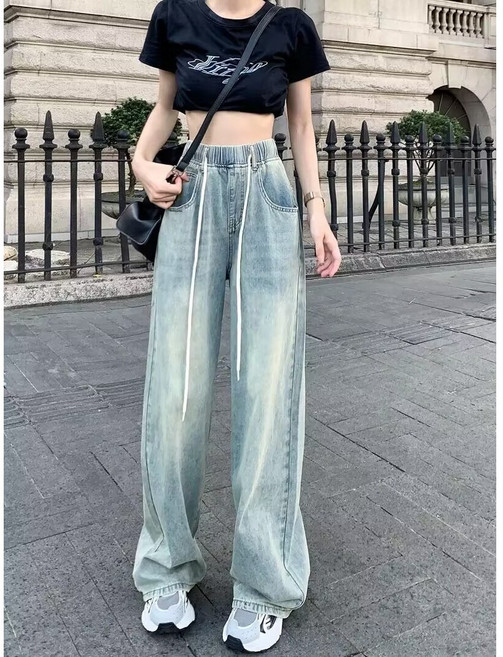 류룡 여자 통청바지 봄 가을 데님 스트링 밴딩 팬츠