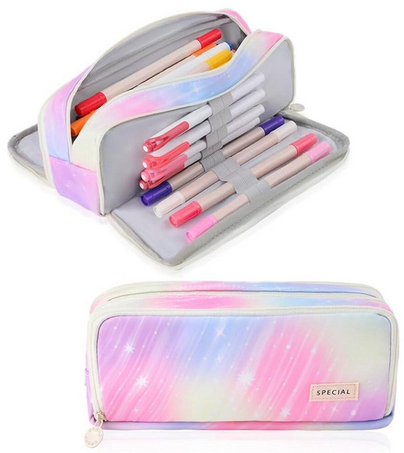 ISuperb Glitter Rainbow 필통 3칸 대용량 필통 펜 케이스 어린이 어린 소녀 십대 소녀를 위한 개학 선물 188264 6109055887, 드림 핑크