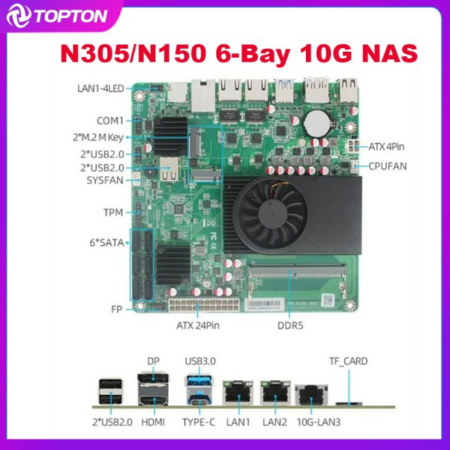 Topton 10G Intel i3-N305 NAS 마더보드 6베이 2i226-V 2.5G 2NVMe 6SATA3.0 1DDR5 방화벽 라우터 ITX, 02 Intel Core i3-N305, 01 CHINA, 05 32GB DDR5 2TB NVMe