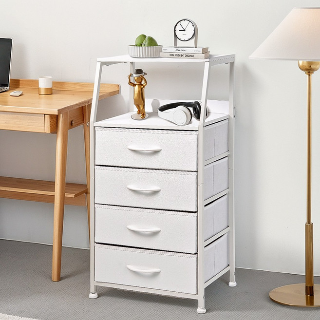 Bornoon 패브릭 심플 침대 협탁 서랍장, 4단, 화이트