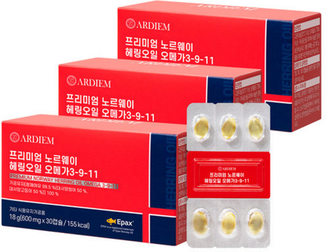 아르디엠 프리미엄 노르웨이 헤링오일 오메가 3-9-11 600mg x 30캡슐 3개, 90회분