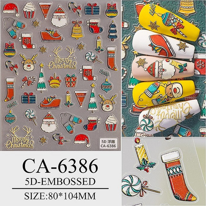 日系5D立體浮雕聖誕美甲貼紙, CA6386, 1個, c聖誕貼紙浮雕