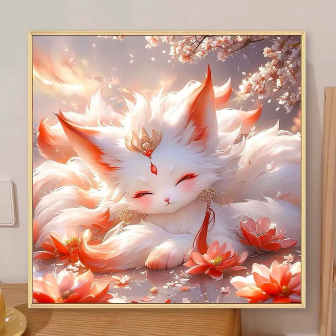 九尾狐 鑽石畫 DIY 手工 客廳 桌飾 無框畫, 畫布尺寸30X30釐米送點鑽工具