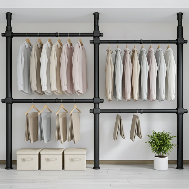 32파이 와이드 4단 행거 튼튼한 고정식 시스템 행거, 넓이 200-360cm x 높이 110-260cm