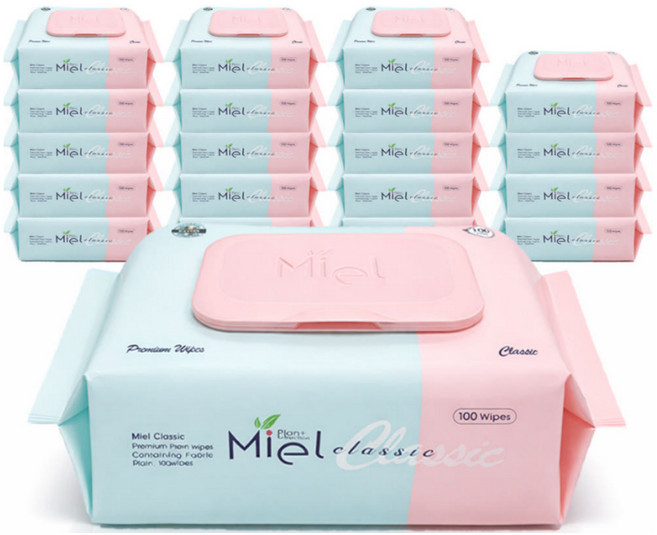 미엘 물티슈 클래식 캡형 100매 20팩 평량 50g 유아용 저자극 대용량, 20개