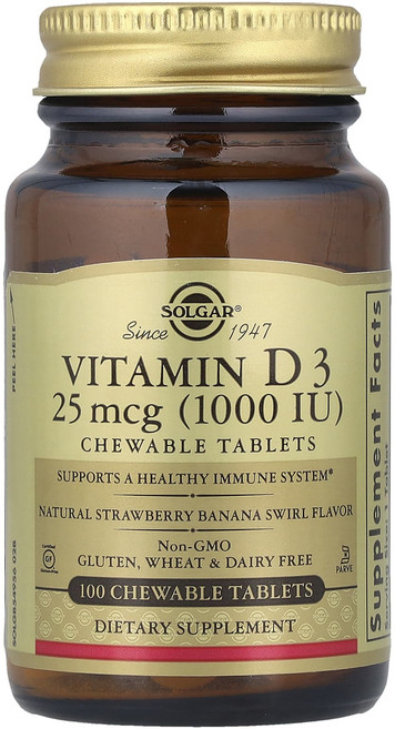 솔가 비타민D3 딸기 바나나 스월 맛 25mcg(1000IU) 츄어블 100정, 6개