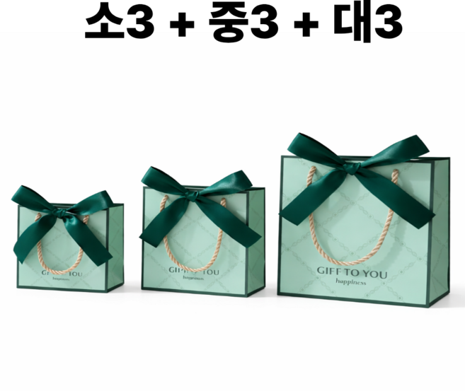 Dewit 튼튼한 프리미엄 4색 리본 쇼핑백 소+중+대 혼합 9장, 9개, 소프트민트