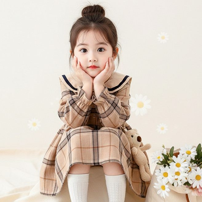 몽실이 곰장식 체크원피스