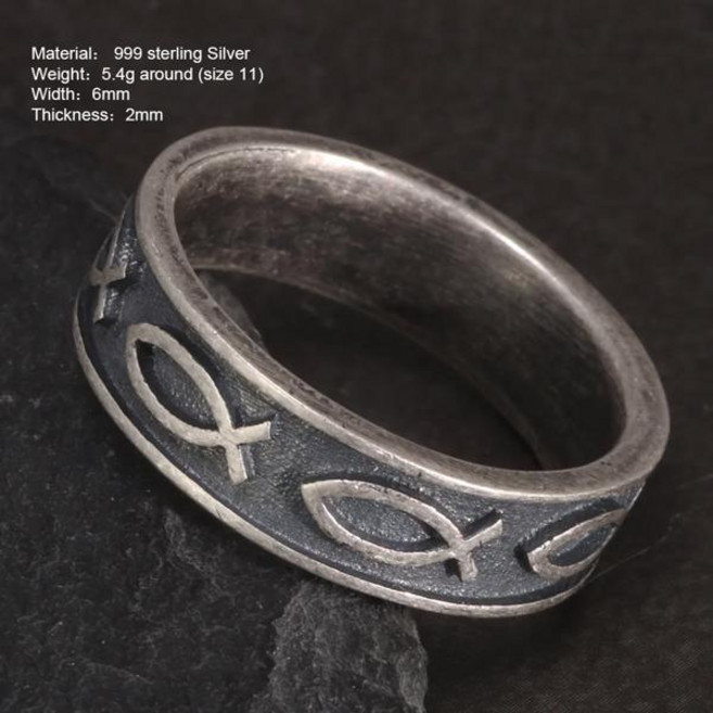 물고기반지 100 999 스털링 실버 물고기 반지 골동품 가공 Ichthys Ichtus 기독교 쥬얼리 남녀공용 7