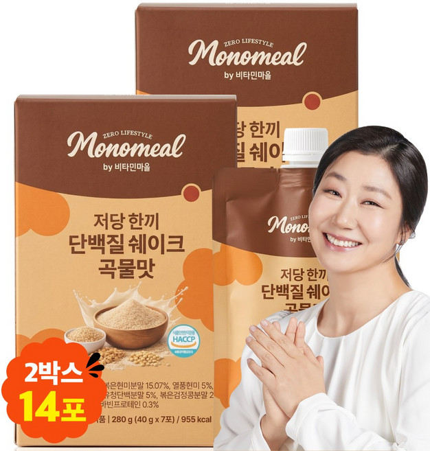 비타민마을 모노밀 저당 한끼 단백질쉐이크 파우치 곡물맛 크런치, 14개, 40g