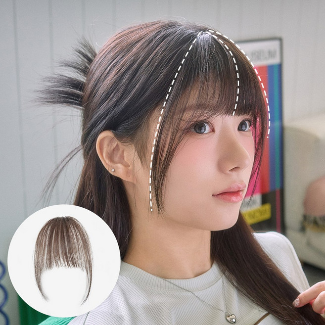 핑크에이지 수시뱅 인모 앞머리 가발 헤어피스 부분 붙임머리 거지존, 1개, 시스루뱅 테일 /BC2 내추럴블랙