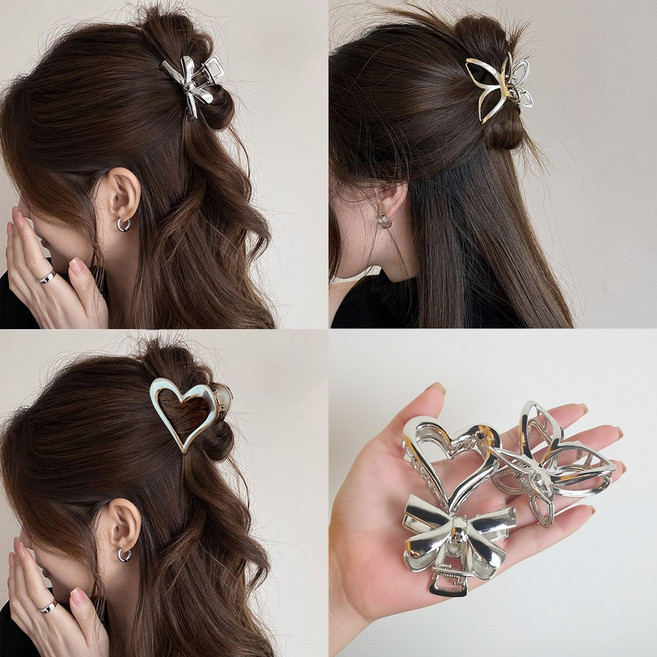 메탈 집게핀 3종세트 리본 하트 나비 데일리 헤어핀 모음