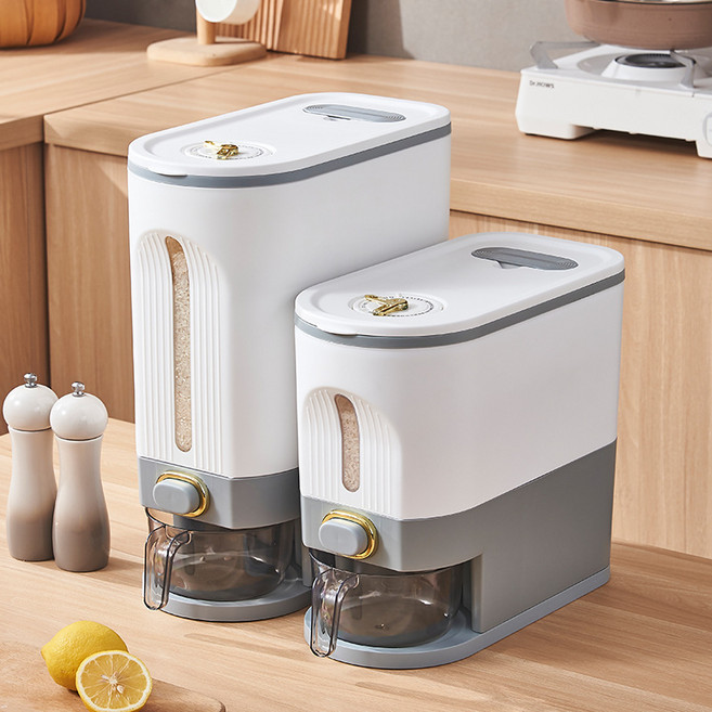 style dr 원터치 밀폐 계량 쌀통 버튼식 밀폐 계량 쌀통 방충 방습 진공쌀통 대용량, 그레이, 1개