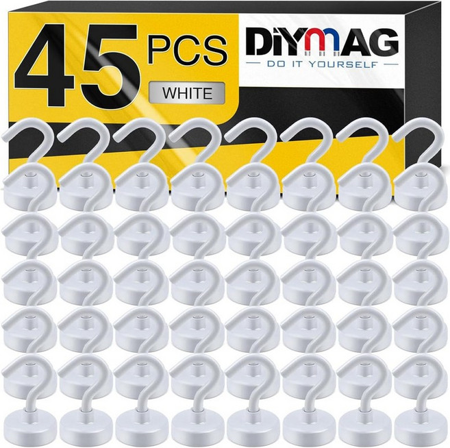 DIYMAG 마그네틱 후크 30파운드 이상 자석 2026 크루즈 선실 필수품 헤비 듀티 강력 냉장고 걸이 교실 해변 휴가용 주방 그릴 홈 6팩블랙, White, 45Pack 30Lbs+
