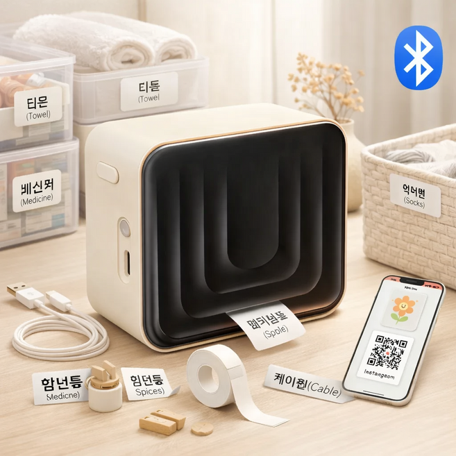 SOTCAR 라벨프린터 네임 라벨기 가정용 휴대용 미니 라벨스티커 프린터 (스티커 라벨지 x 1), 1개, 그림화이트