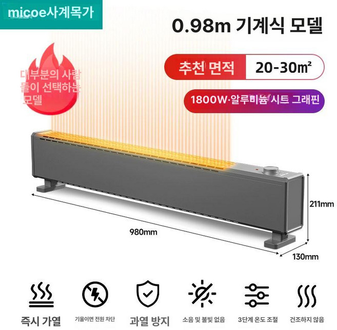 코코스튜디오 전기히터 거실히터 히터 가정용전기히터, 98cm 기계식 그레이 1800W