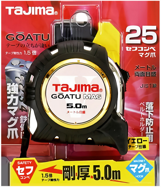 타지마 5m X 25mm 고아츠 자석 줄자 셀프락 자동 양면 눈금 측정 전문가용 목수 목공 핸디 줄자 GASF-GLM25-50