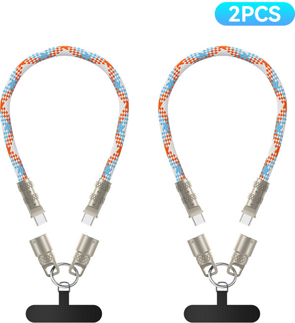Essager 핸드폰 목걸이 스트랩 케이블 2 in 1 60W USB C타입 고속 충전 케이블, 2개, 레드블루, 0.3m