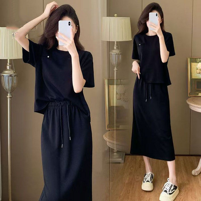 여성 캐주얼 반팔 상하세트 루즈핏 심플 라운드 롱스커트 투피스 데일리룩