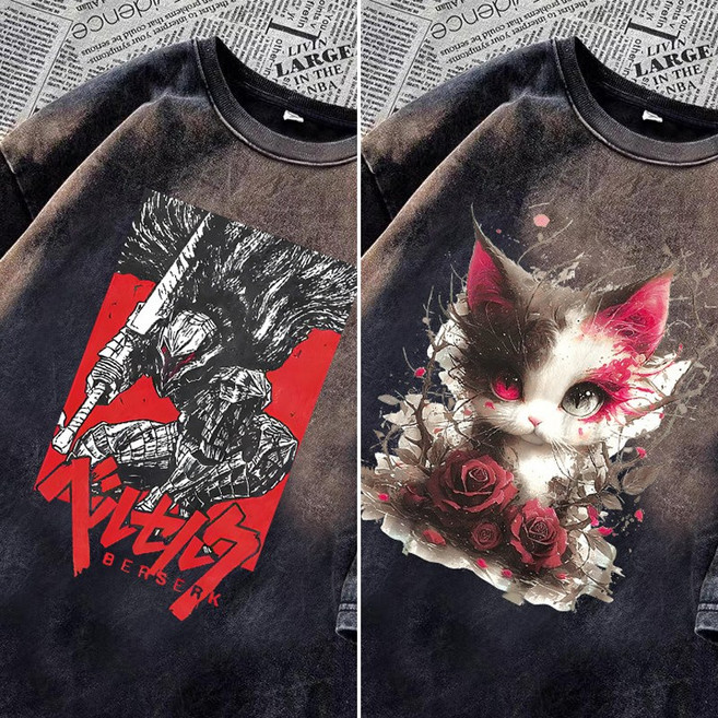 베르세르크 레드 블러드 빈티지 반팔티 105-110 레트로 만화 캐릭터 옷 가먼트 워싱 티셔츠