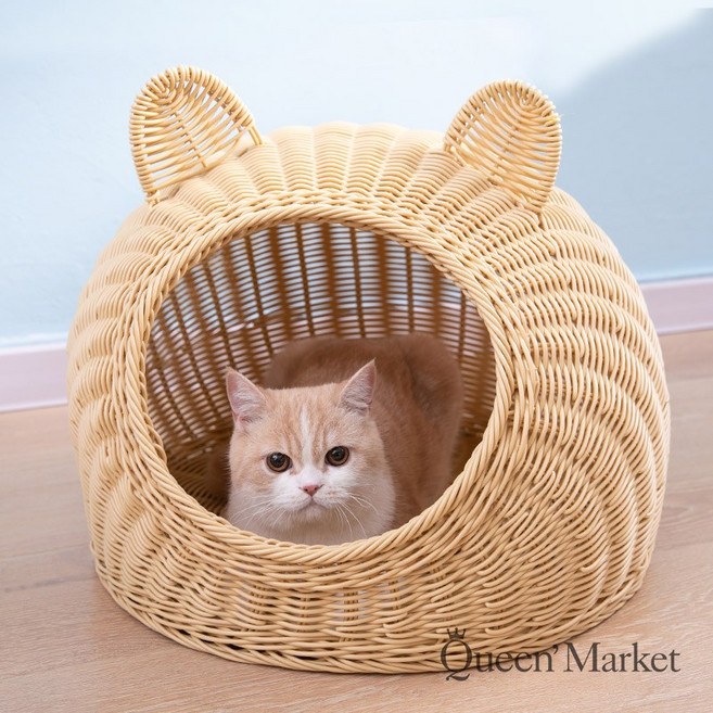 여름 고양이집 라탄 숨숨집 하우스 +패드 지름50, 베이지, 1개