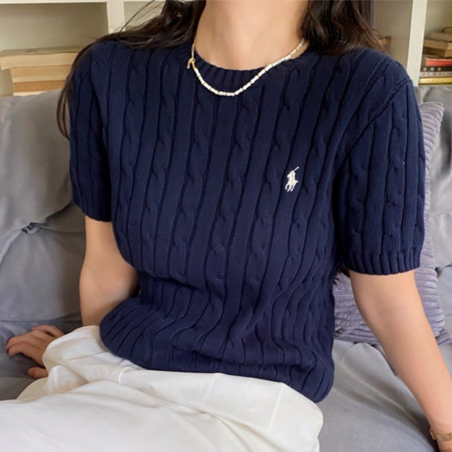 폴로랄프로랜 여성 반팔 니트 케이블 스웨터 네이비