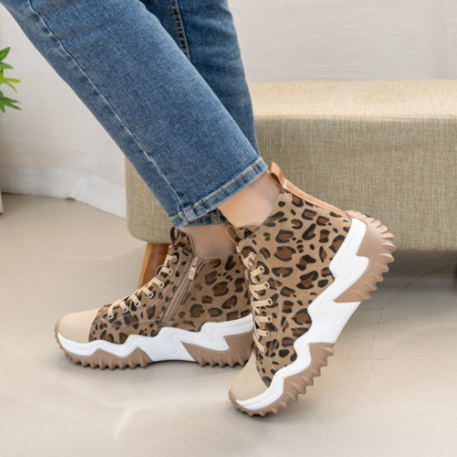 소가죽 스포티 밴딩끈 여성키높이 통굽 하이탑 운동화 스니커즈 6cm