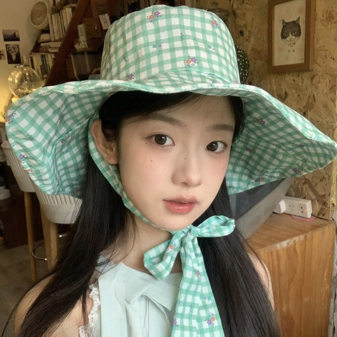 해피유통 여성 모자 봄여름 잔꽃 문늬 체크 턱 끈 스트랩 썬캡 햇빛차단 아웃도어 버킷햇 벙거지모자 why