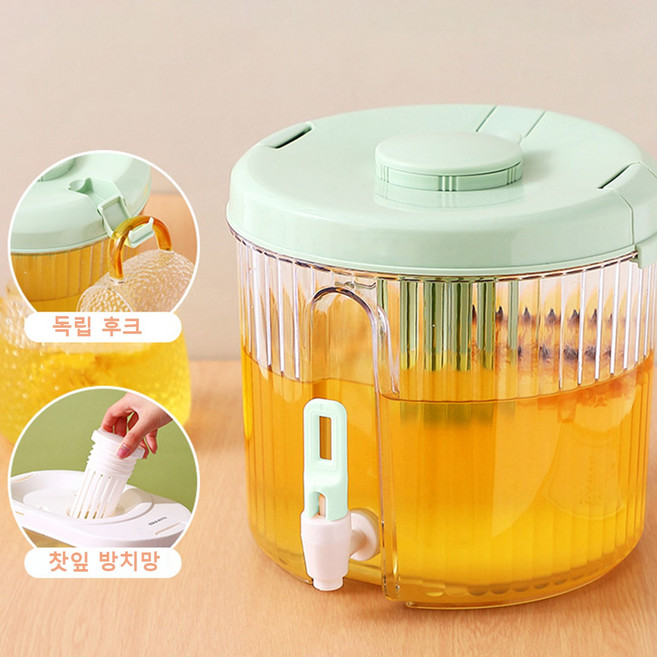 냉수병 음료 디스펜서 가정용 냉장고 물병캠핑 쥬스음료스펜서, 1개, 그린원형, 4L
