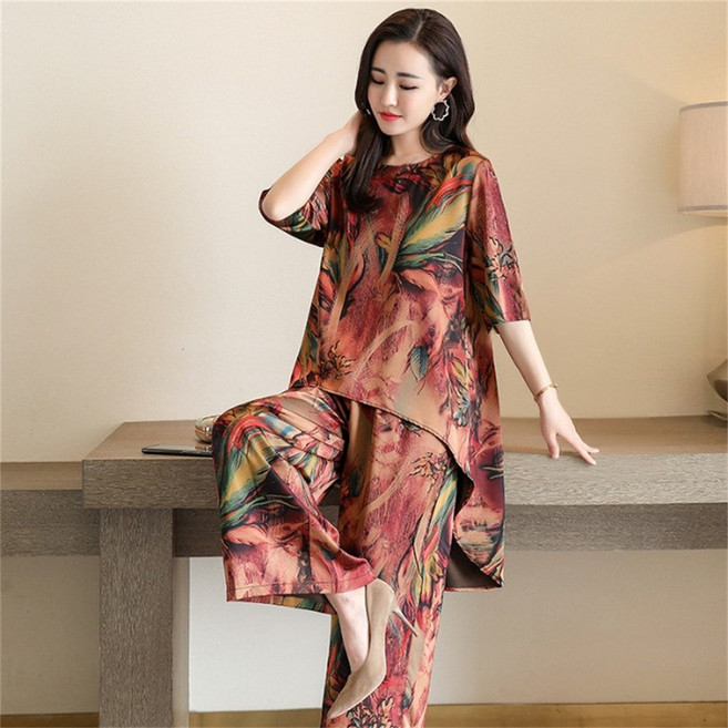 여성투피스 여성세트 반팔 블라우스 + 여름바지 반팔티 중년여성 린넨 자수 셔츠 7부바지 상하세트 여름 통기성 빅사이즈 엄마옷 ABC26041014 20