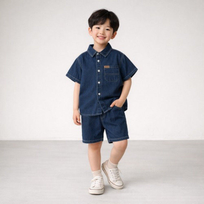 키즈 여름 상하복 세트 반팔 데님 셔츠 청 남방 밴딩 반바지 등원룩 반소매 쇼츠 셋업 청청패션