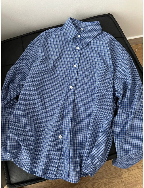 新款美式復古長袖藍色格子襯衫慵懶寬鬆顯瘦上衣外套百搭秋季襯衣