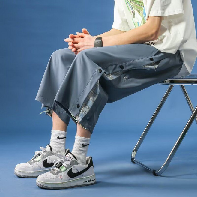 寬鬆排扣七分褲 男款格子拚接休閒運動闊腿褲