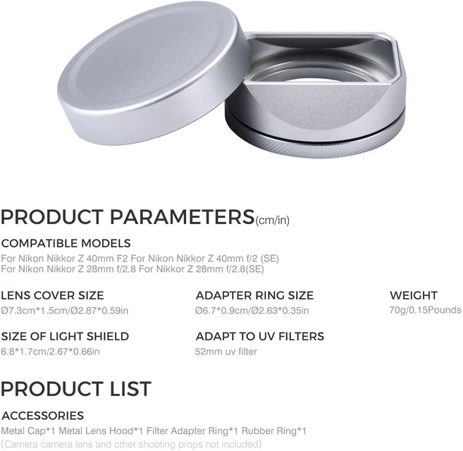 DBZZ 실버 스퀘어 메탈 카메라 렌즈 후드 쉐이드(후지필름 후지 X100V X100VI 렌즈 후드 49mm 어댑터 링, 01 Silver Lens Hood