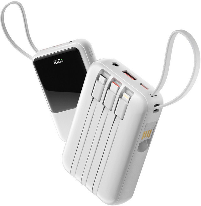 TRYSEEK 고속충전 PD 22.5W 대용량 미니 4in1 케이블 일체형 보조배터리 12000mAh 멀티단자 C타입 LED잔량, 화이트, N13