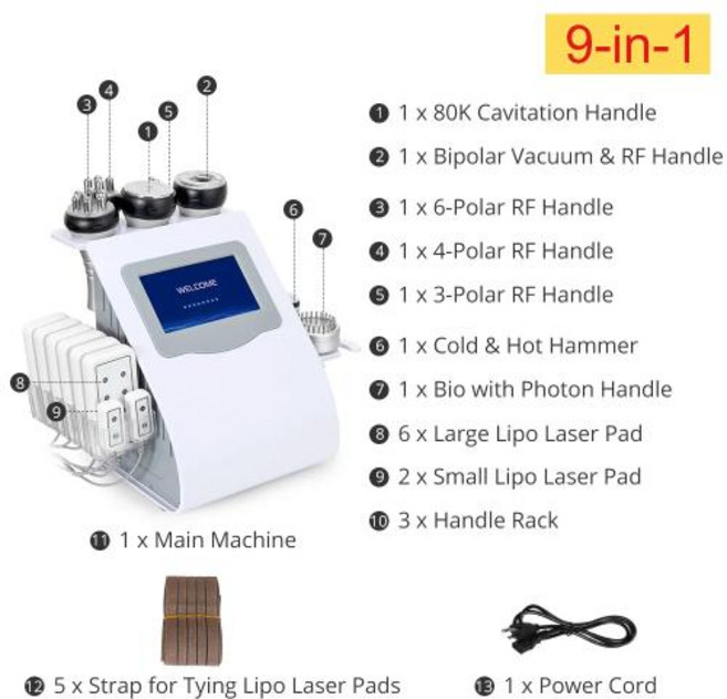 고주파마사지기 페이스 바디 슬리밍 고주파 열마사지 Aristorm 전문 캐비테이션 마사지기 다극 무선 주파수 주름 방지 피부 회춘 리프트 80k 미용기기, 110-220v, 9-in-1