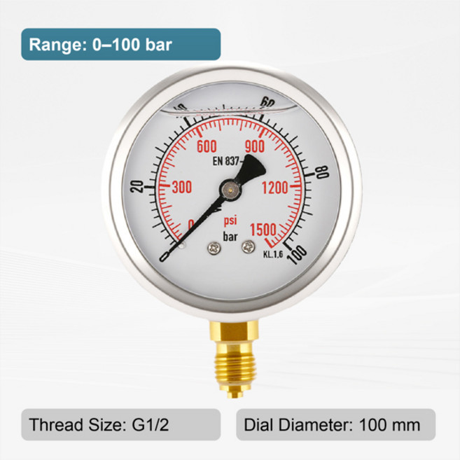 진동 방지 스테인리스 압력 게이지 0-1000bar PSI 이중 눈금 100mm G1/2 라디얼 장착 고정밀 산업용 유압 오일 측정기, [07] 0-100bar