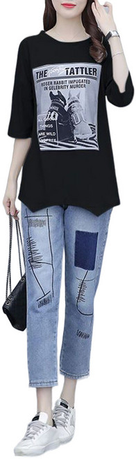 ROYALBELLE 여성 빅사이즈 캐주얼 상하세트 라운드넥 반팔 티셔츠 루즈핏 데일리 데님 청바지 V30710