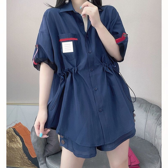 大碼女裝 夏季防曬襯衫兩件套 胖M歐貨薄款寬鬆翻領套裝