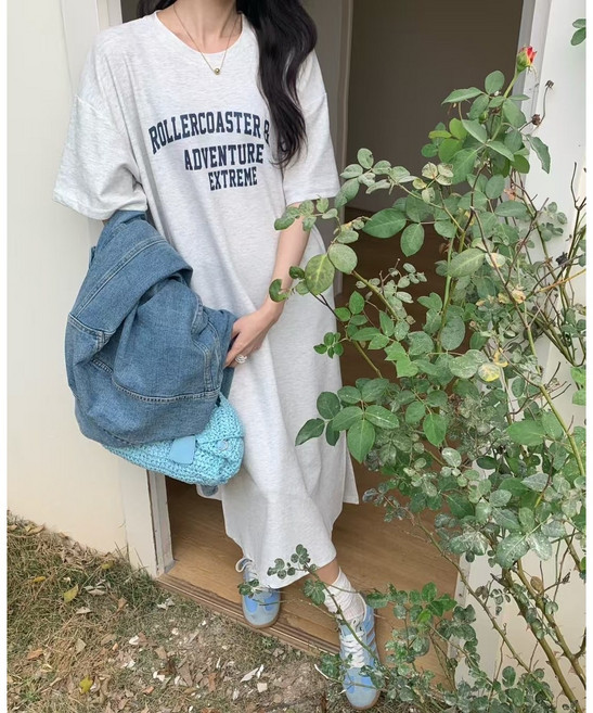 우아글로벌 반팔 루즈핏 래터링 롱원피스