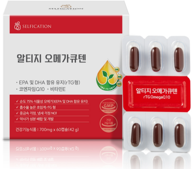 셀피케이션 식물성 rTG 오메가3 코엔자임큐텐 비린내 없는 장용성 캡슐, 1박스, 60정