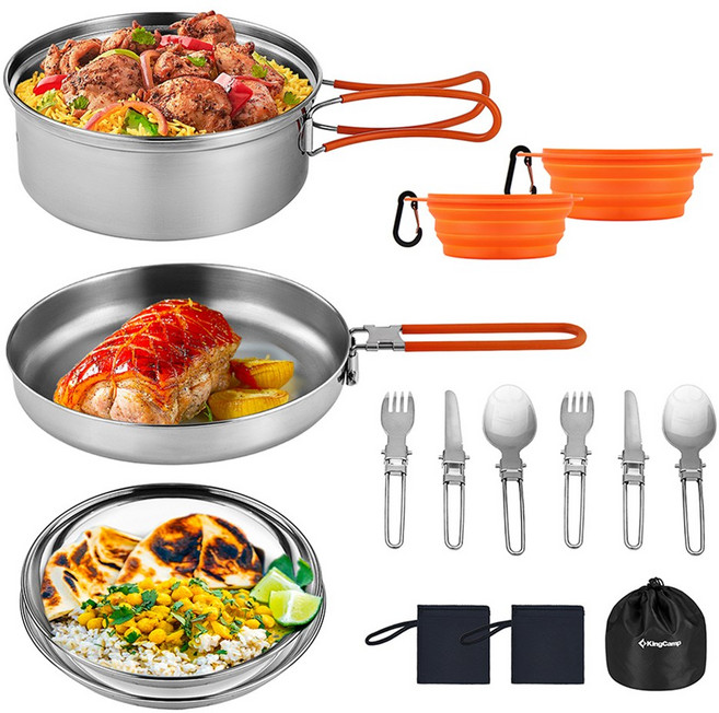 킹캠프 2인용 스테인리스 캠핑 코펠 세트 수납 가방 포함, 1개, 실버