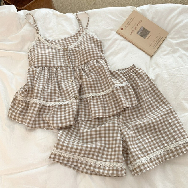 女款夏季格子帶胸墊棉質吊帶睡衣家居服