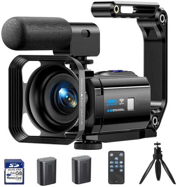 캠코더 비디오 카메라 5K 56MP 브이로깅 카메라 유튜브 WiFi 나이트 비전 3인치 270 회전식 터치스크린 팟캐스트 레코더(64GB SD 카드 마이크 스태빌라이저 리모, 4K-48MP(with 64GB SD Card), 1개